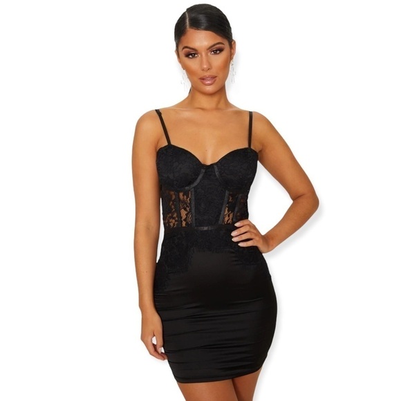Pretty Little Things Black Lace Bodice Strappy Bodycon Dress - Picture 3 of 10